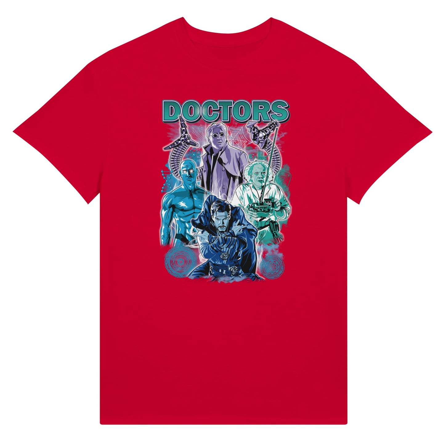 Red Doctors T-shirt from movies Back to the future, Avengers, Dr Strange, SpiderMan