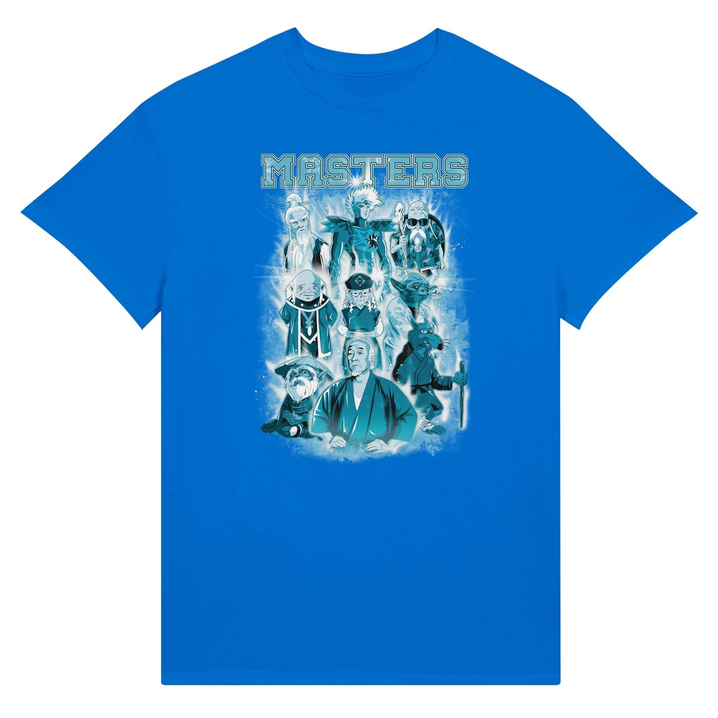 blue t-shirt depicting masters of classic movies and animes