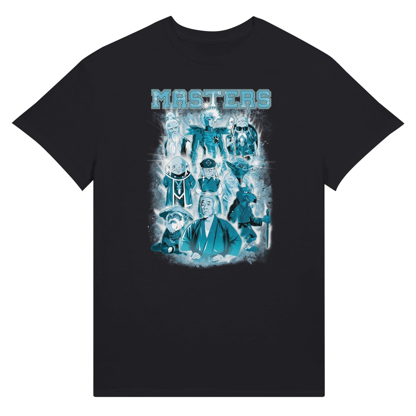 black t-shirt depicting masters of classic movies and animes