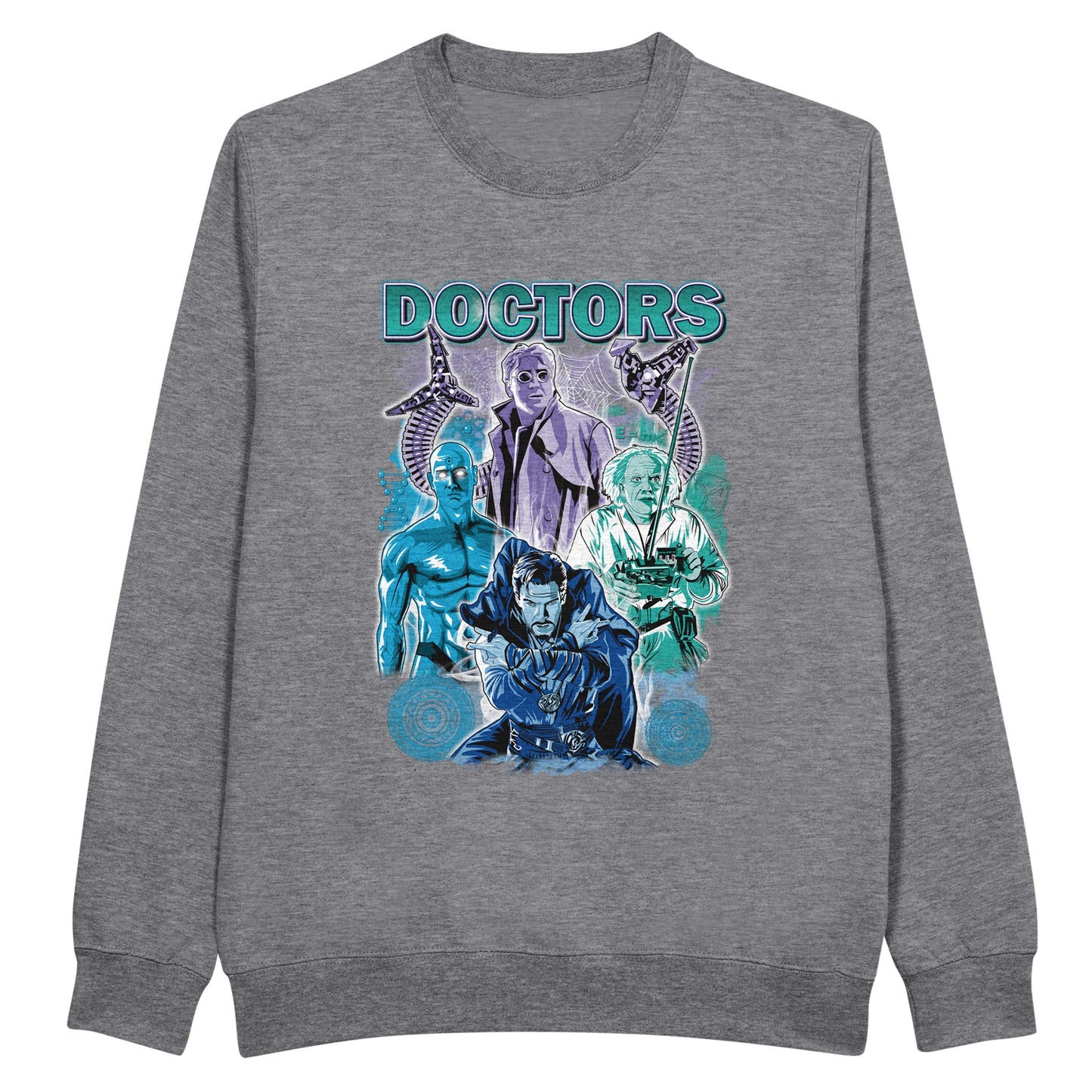 Gray Doctors sweatshirt from movies Back to the future, Avengers, Dr Strange, SpiderMan