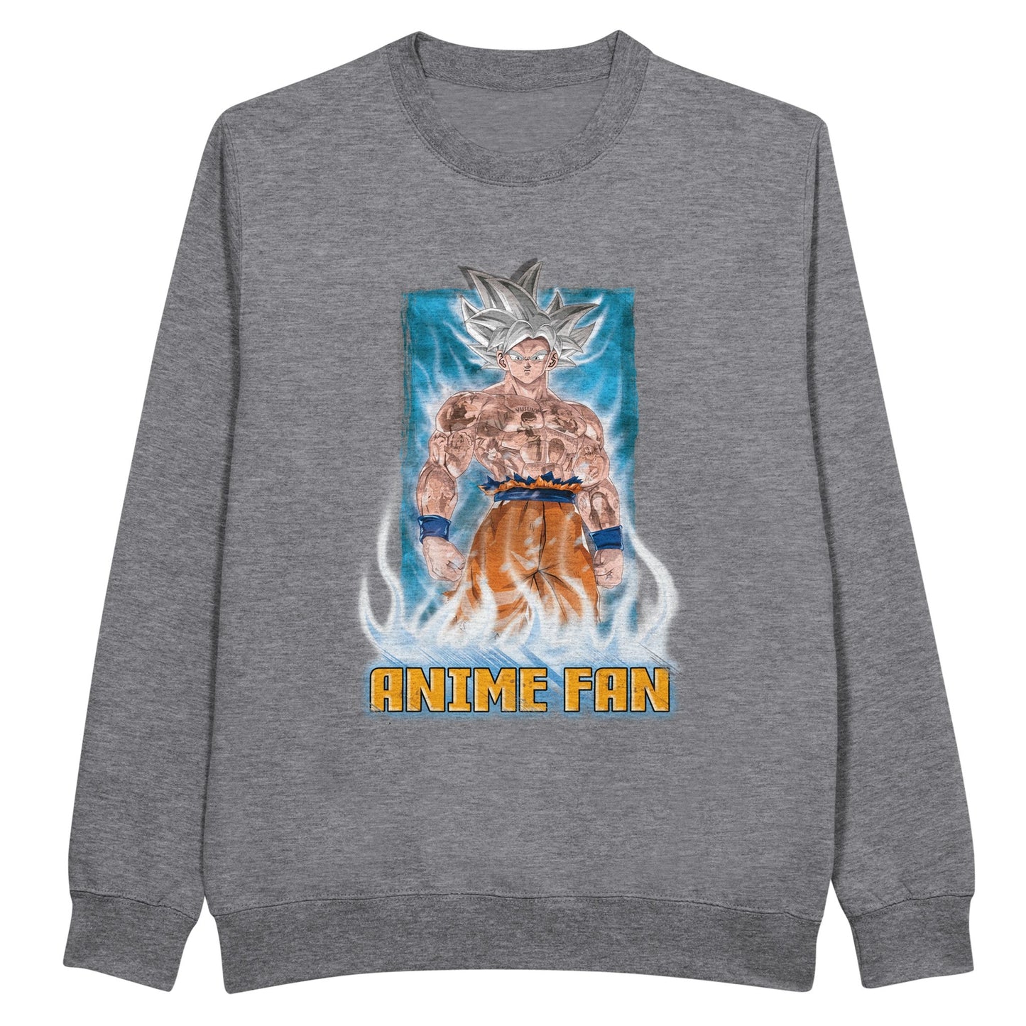 Gray sweatshirt showing Goku from Dragon Ball and other anime characters