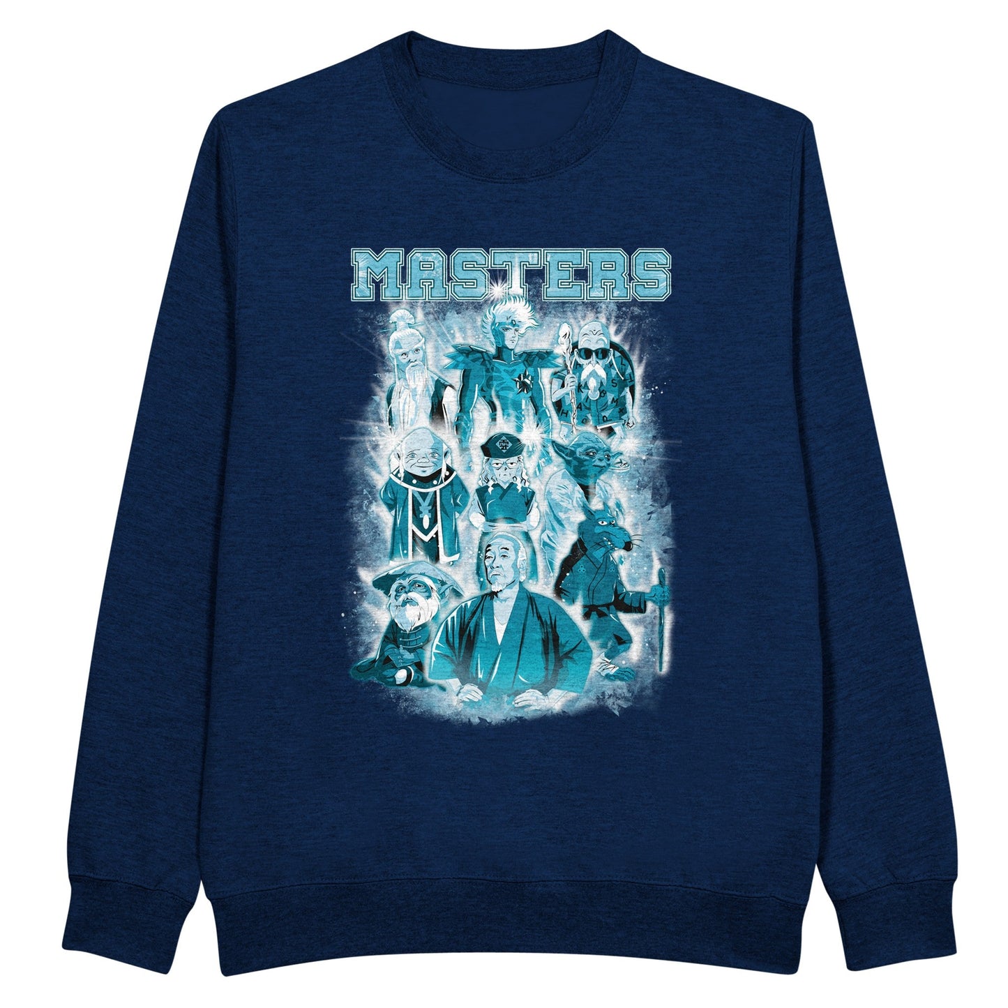 Navy sweatshirt with the greatest masters characters of films, cartoons, series, and anime