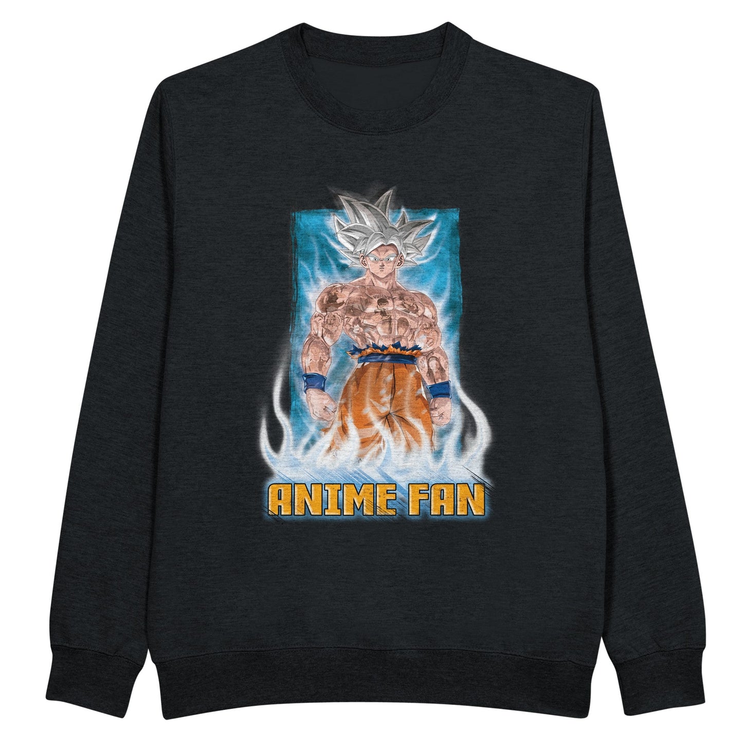 Black sweatshirt showing Goku from Dragon Ball and other anime characters