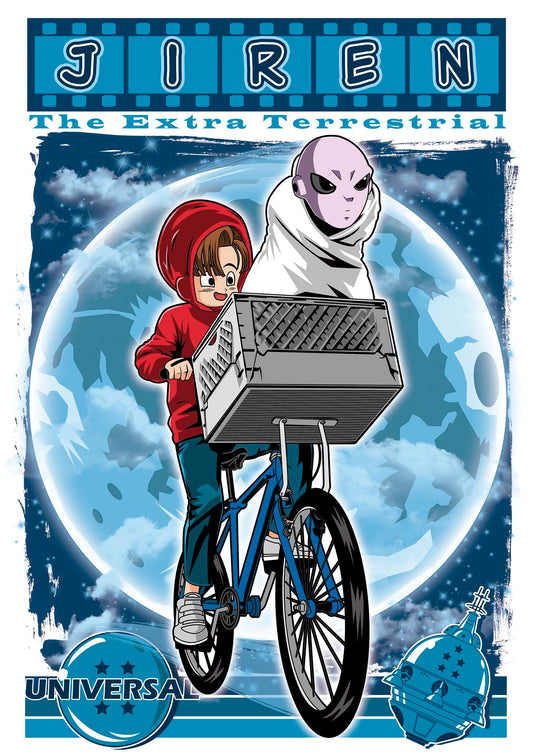 Cartoon character riding a bike with an alien on a moonlit background, featuring the text 'JIREN The Extra Terrestrial' and 'UNIVERSAL'.
