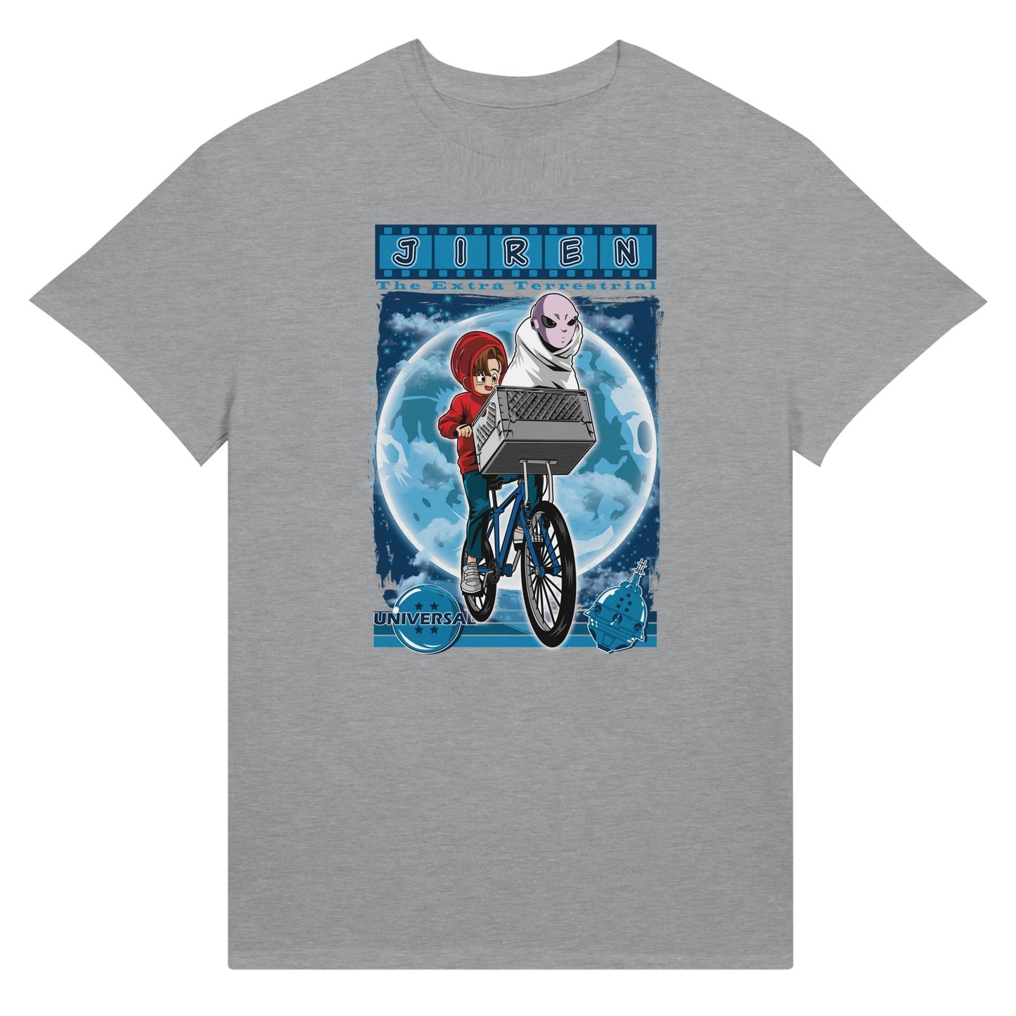 Gray t-shirt with a graphic design featuring two characters on a blue background.