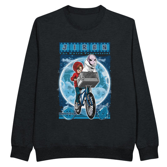 Black sweatshirt with a graphic design of two characters on a bicycle against a blue moon background, featuring the text 'Jiren Universe'.
