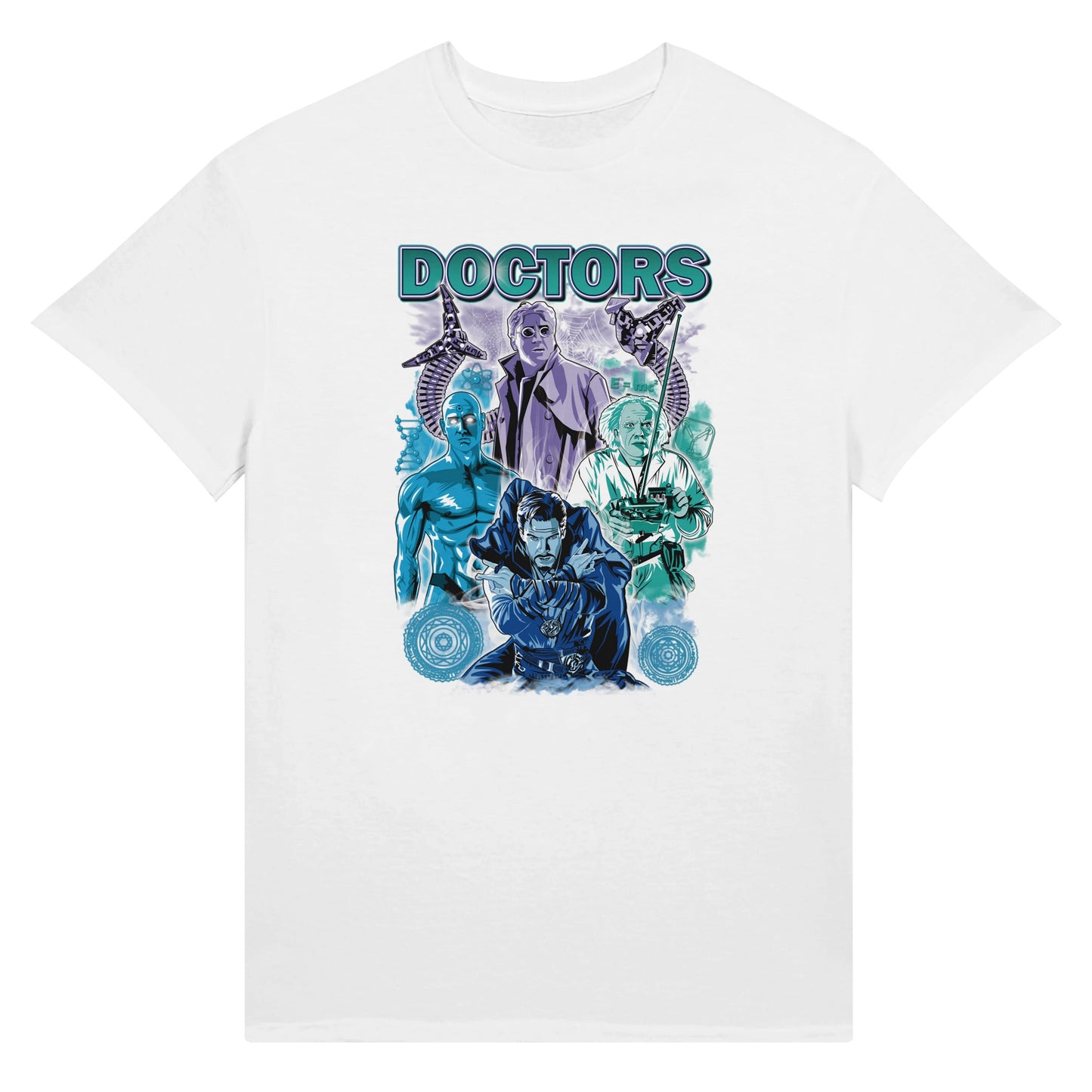 White Doctors T-shirt from movies Back to the future, Avengers, Dr Strange, SpiderMan