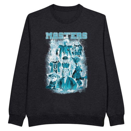 Black sweatshirt with the greatest masters characters of films, cartoons, series, and anime