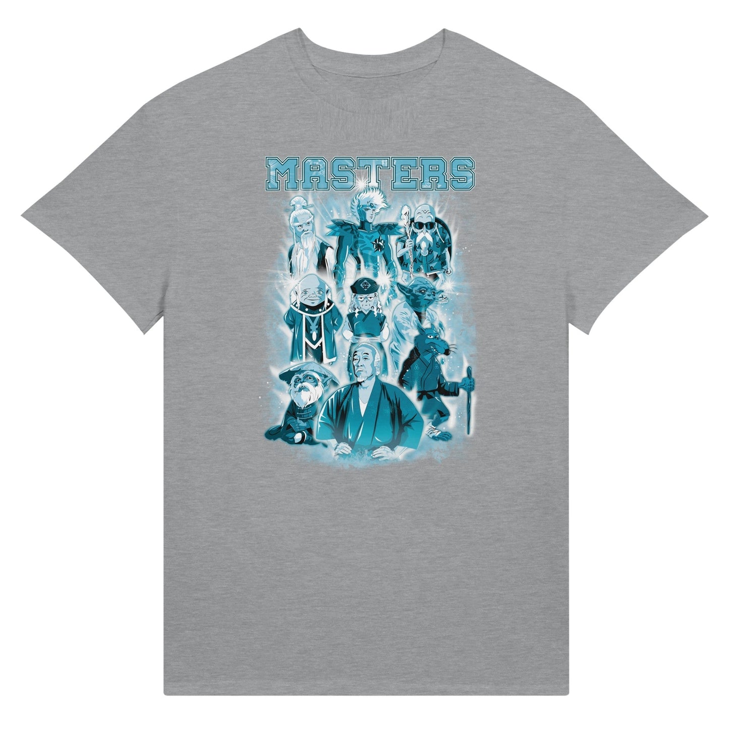 gray t-shirt depicting masters of classic movies and animes