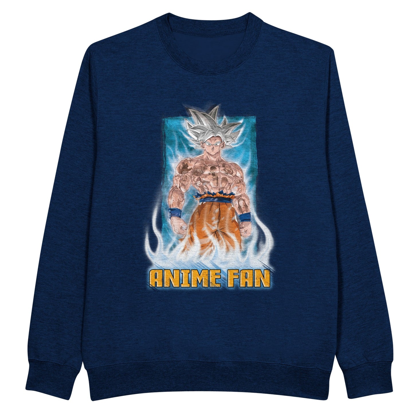 Navy sweatshirt showing Goku from Dragon Ball and other anime characters