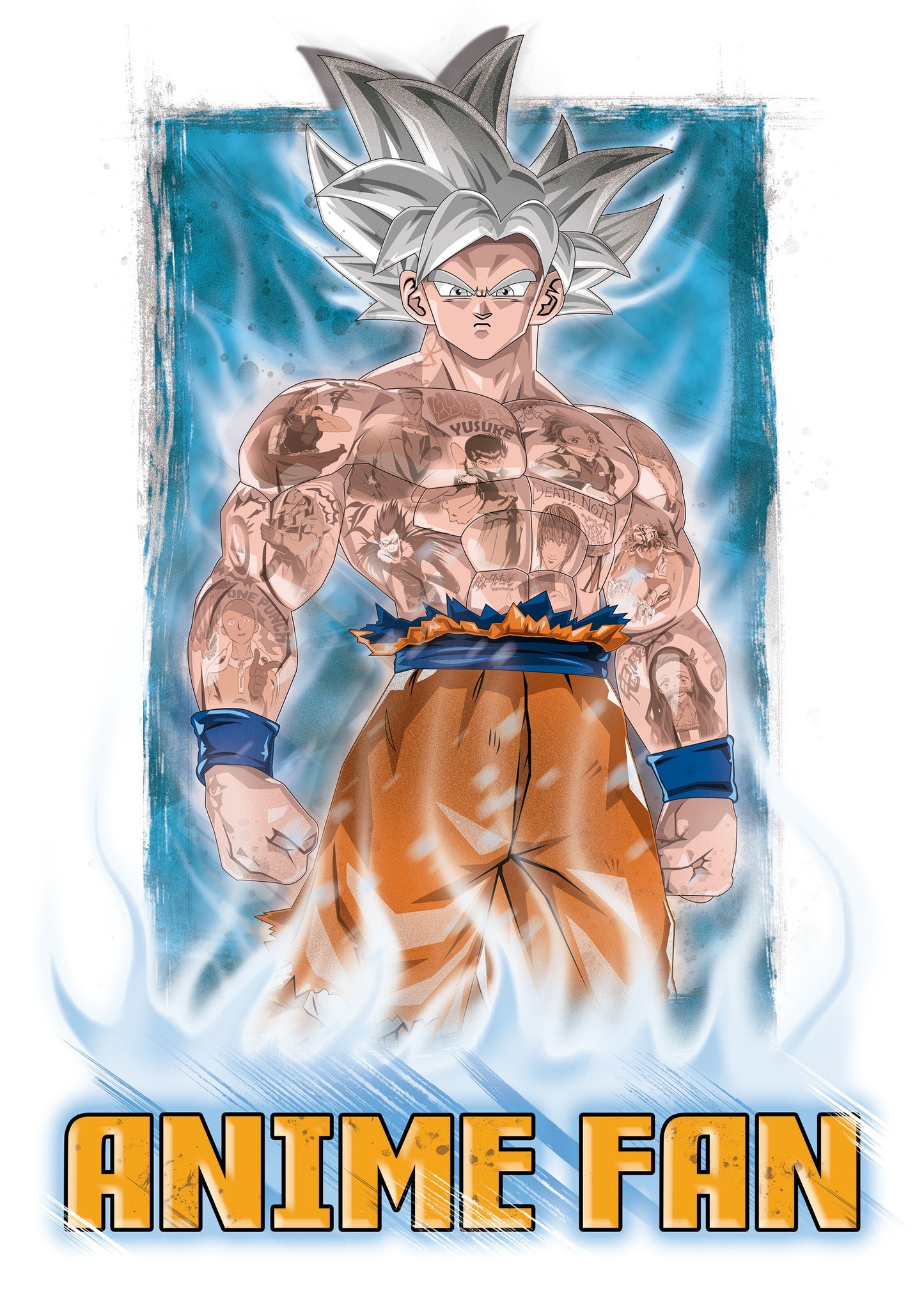Design for a sweatshirt showing Goku from Dragon Ball and other anime characters