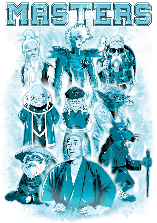 design for a t-shirt depicting masters of classic movies and animes