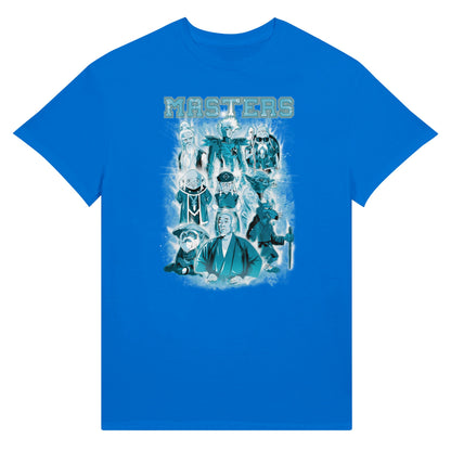 blue t-shirt depicting masters of classic movies and animes 