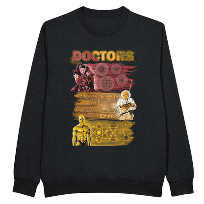 Black sweatshirt with the doctors scientists from the movies dr strange, avengers, back to the future