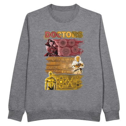 grey sweatshirt with the doctors scientists from the movies dr strange, avengers, back to the future