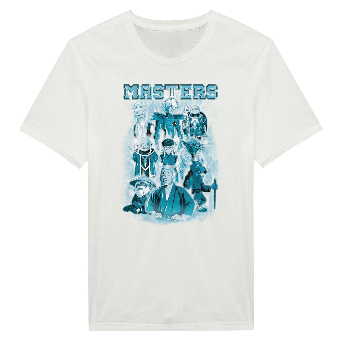 white t-shirt with the big masters from movies, animes and cartoons