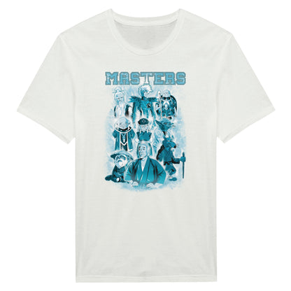 white t-shirt with the big masters from movies, animes and cartoons