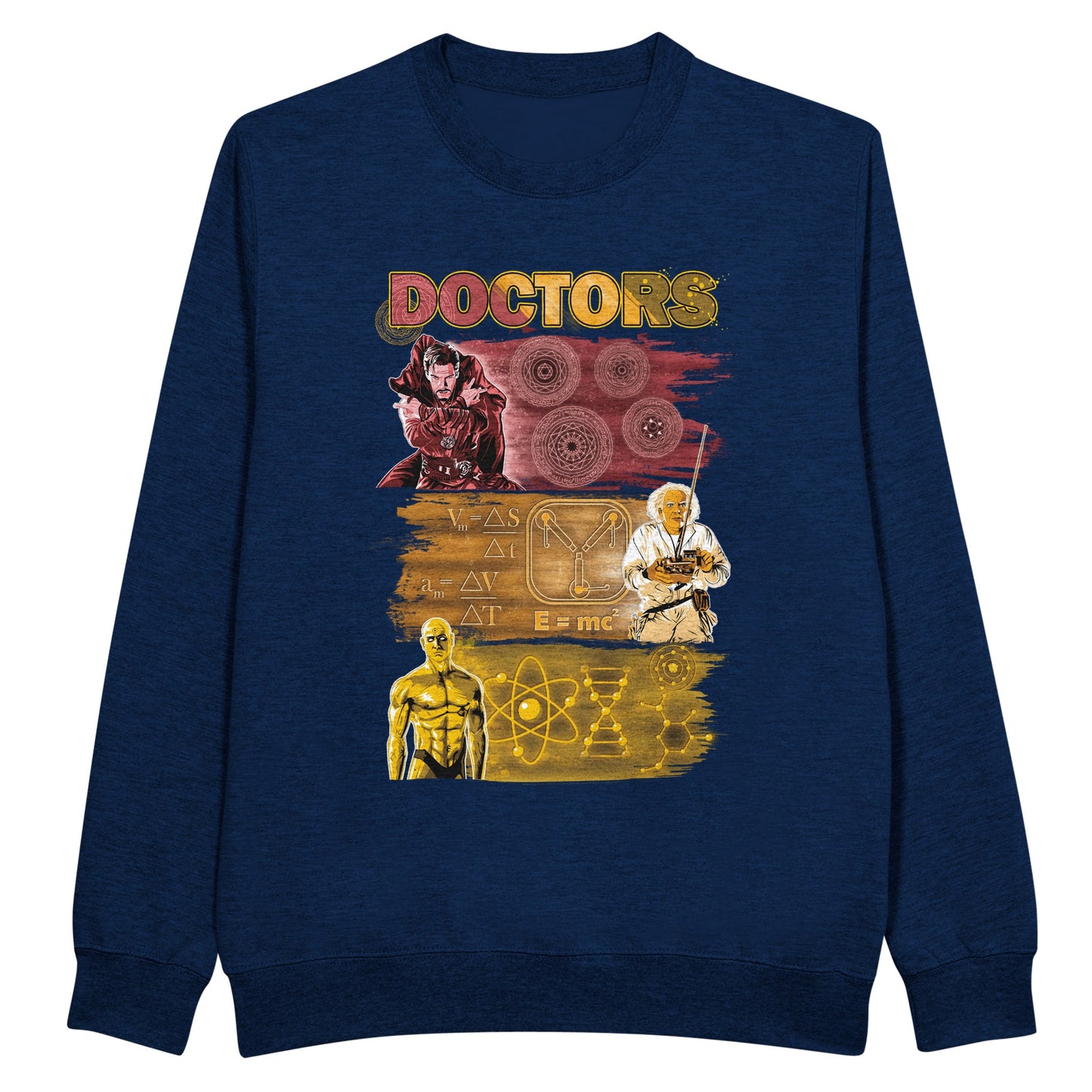 navy sweatshirt with the doctors scientists from the movies dr strange, avengers, back to the future