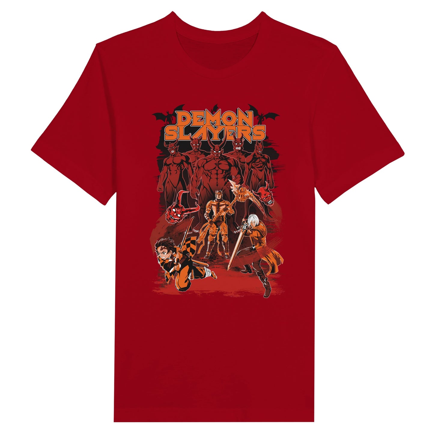 Red t-shirt with Demon Slayer anime, Devil May Cry and Dante's inferno games