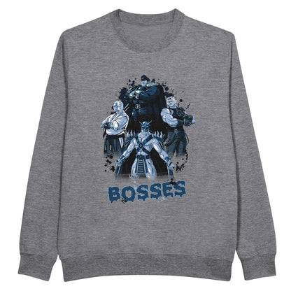 grey sweatshirt with final bosses from games mortal kombat, street fighter, the king of fighter