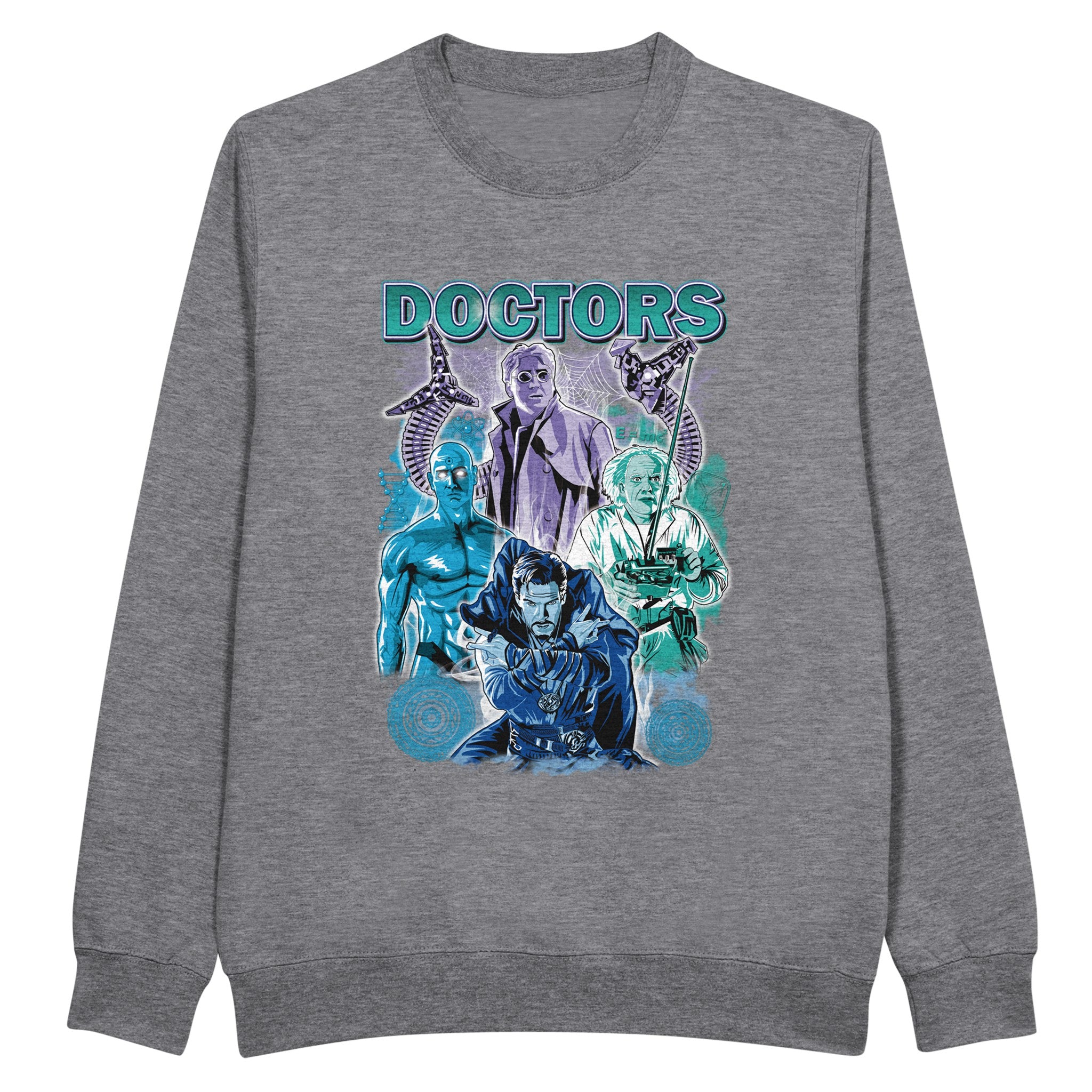 Gray Doctors sweatshirt from movies Back to the future, Avengers, Dr Strange, SpiderMan