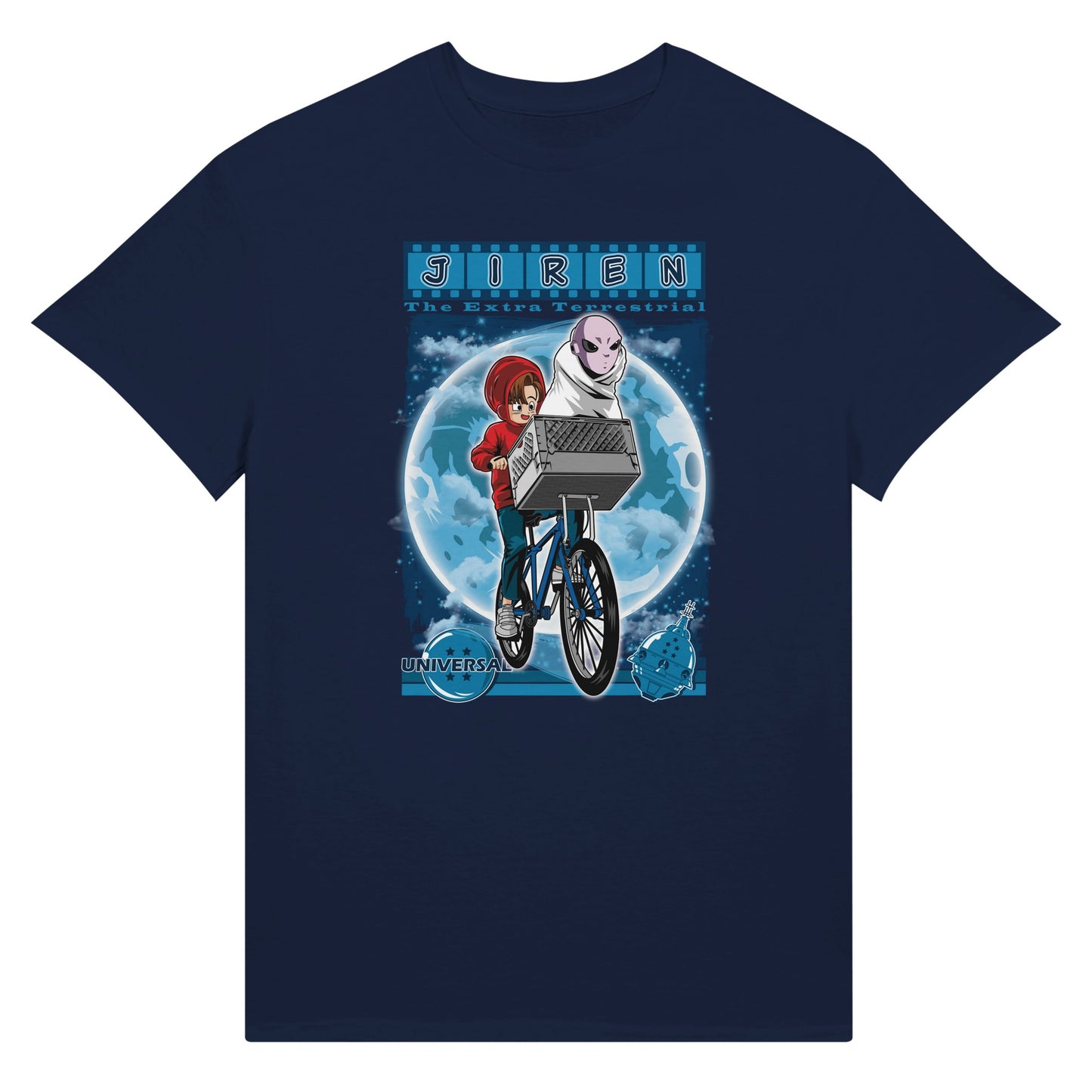 Navy blue t-shirt with a graphic design featuring two characters on a white background