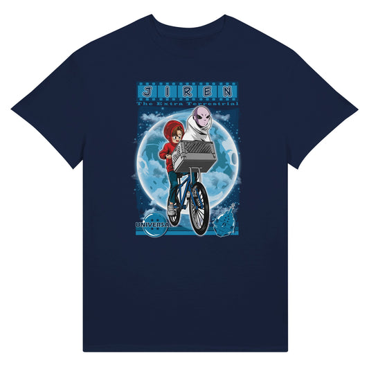 Navy blue t-shirt with a graphic design featuring two characters on a white background