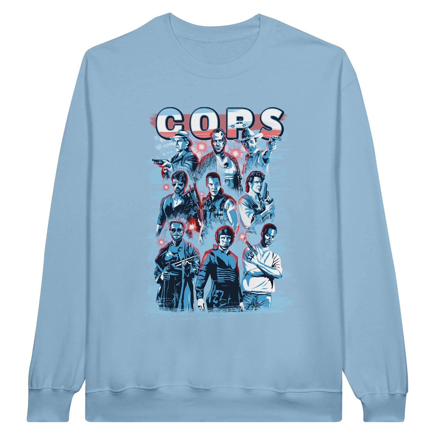 Light blue sweatshirt with cops, police, police officers from classic action movies