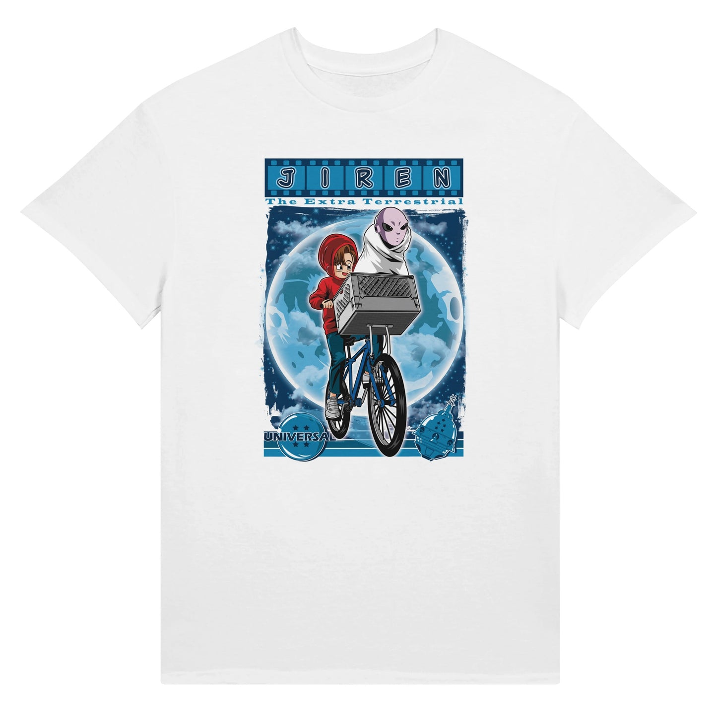 White t-shirt with a graphic design featuring a character on a bike and text 'Jiren the Extra Terrestrial' on a white background.