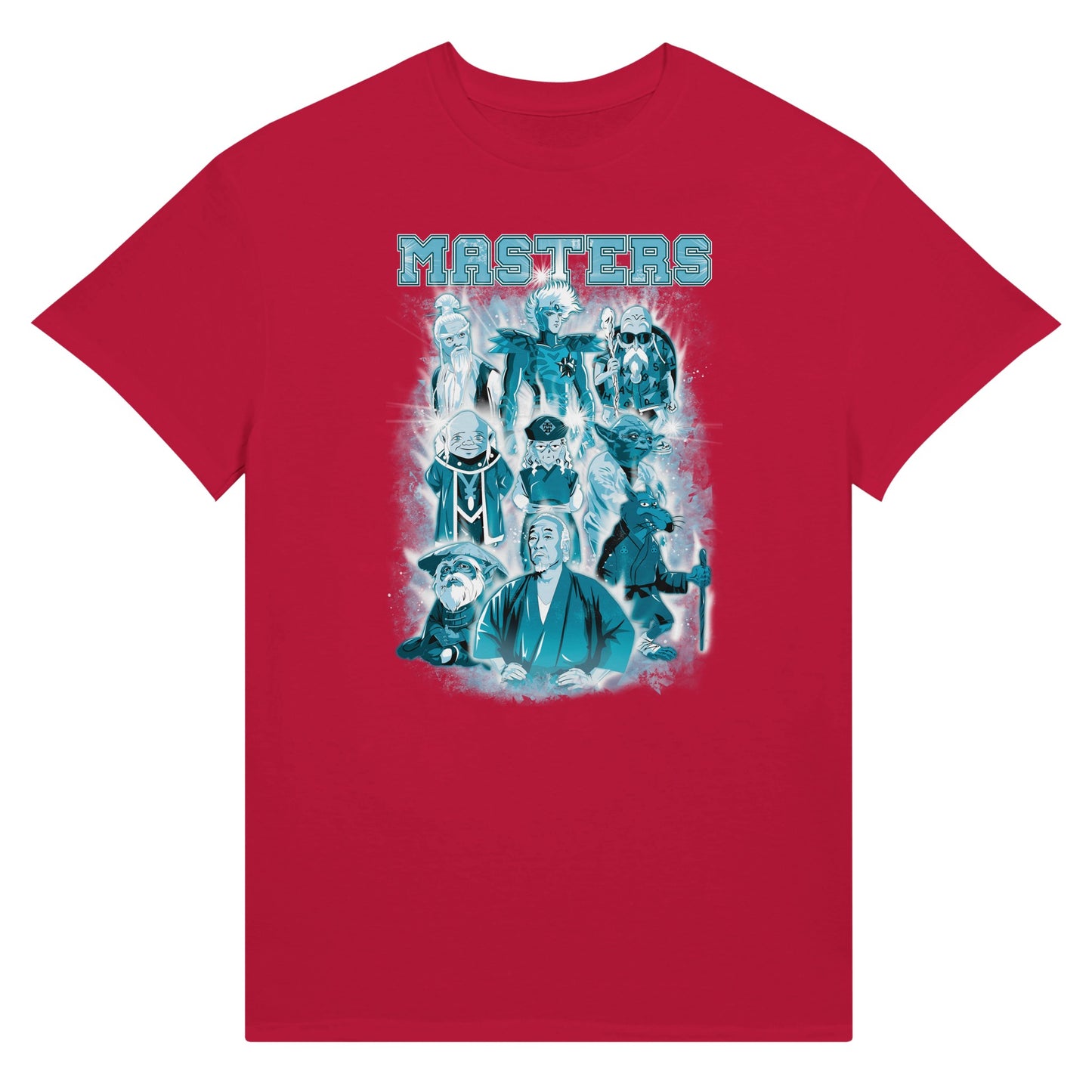 red t-shirt depicting masters of classic movies and animes 