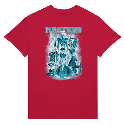 red t-shirt depicting masters of classic movies and animes 