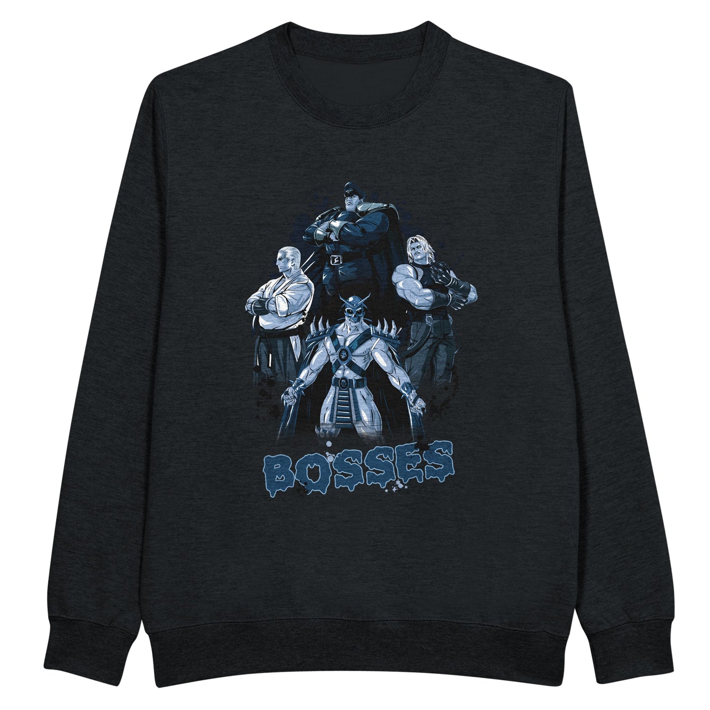 black sweatshirt with final bosses from games mortal kombat, street fighter, the king of fighter