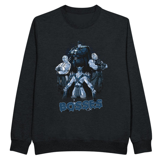 black sweatshirt with final bosses from games mortal kombat, street fighter, the king of fighter