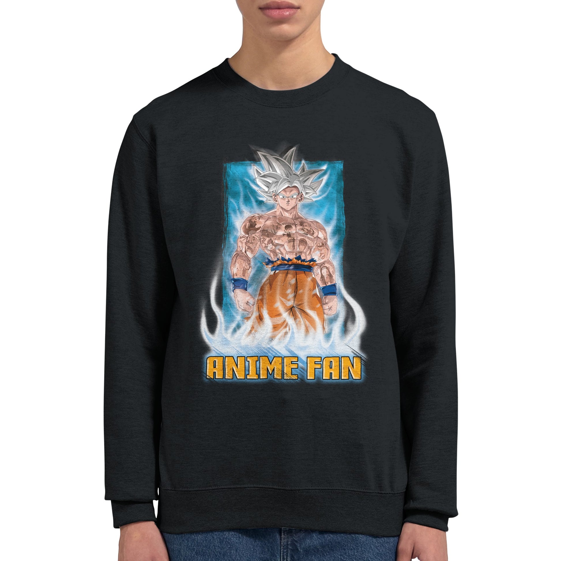 Model wearing a black sweatshirt showing Goku from Dragon Ball and other anime characters 