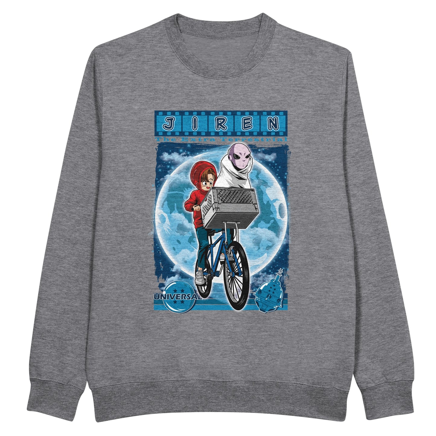 Gray sweatshirt with a graphic design of two characters on a bicycle against a blue background.