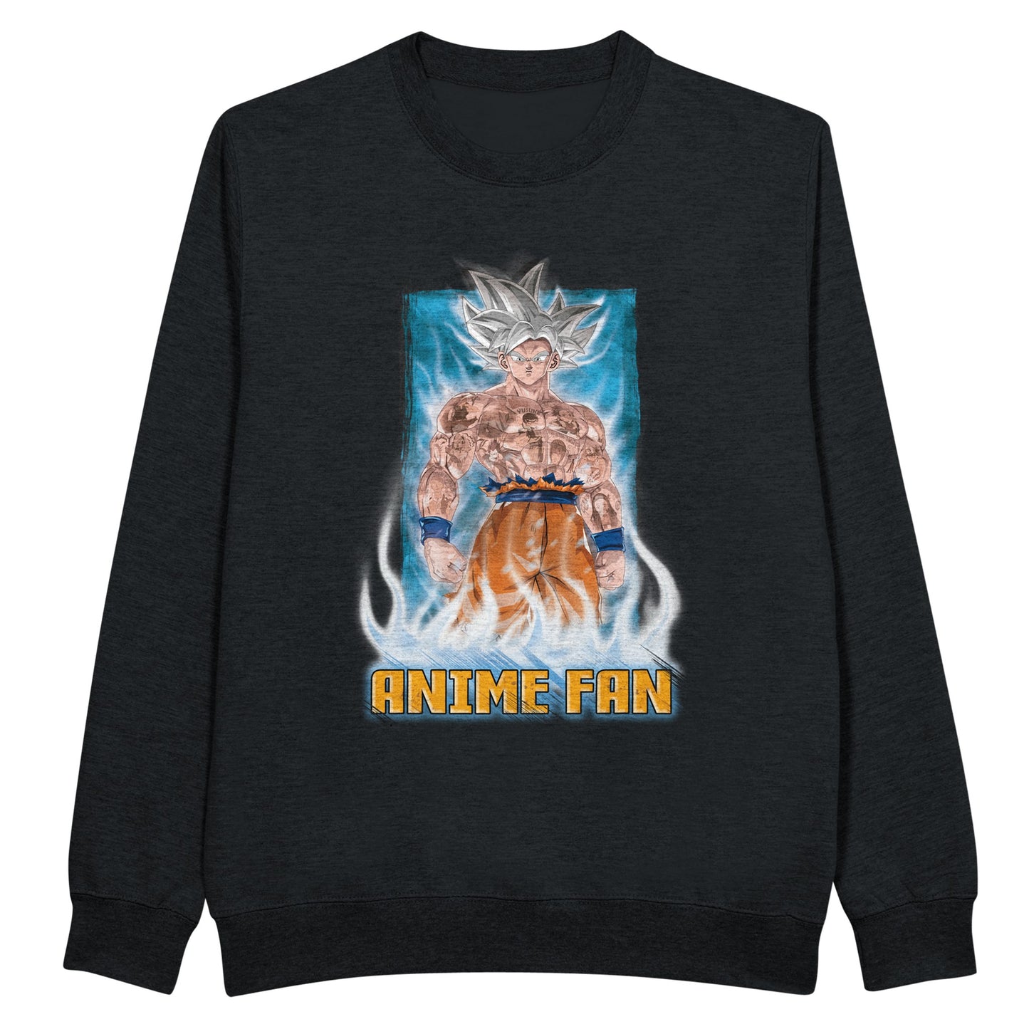 Black sweatshirt showing Goku from Dragon Ball and other anime characters 