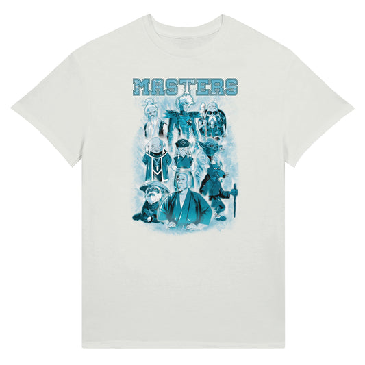 white t-shirt depicting masters of classic movies and animes 