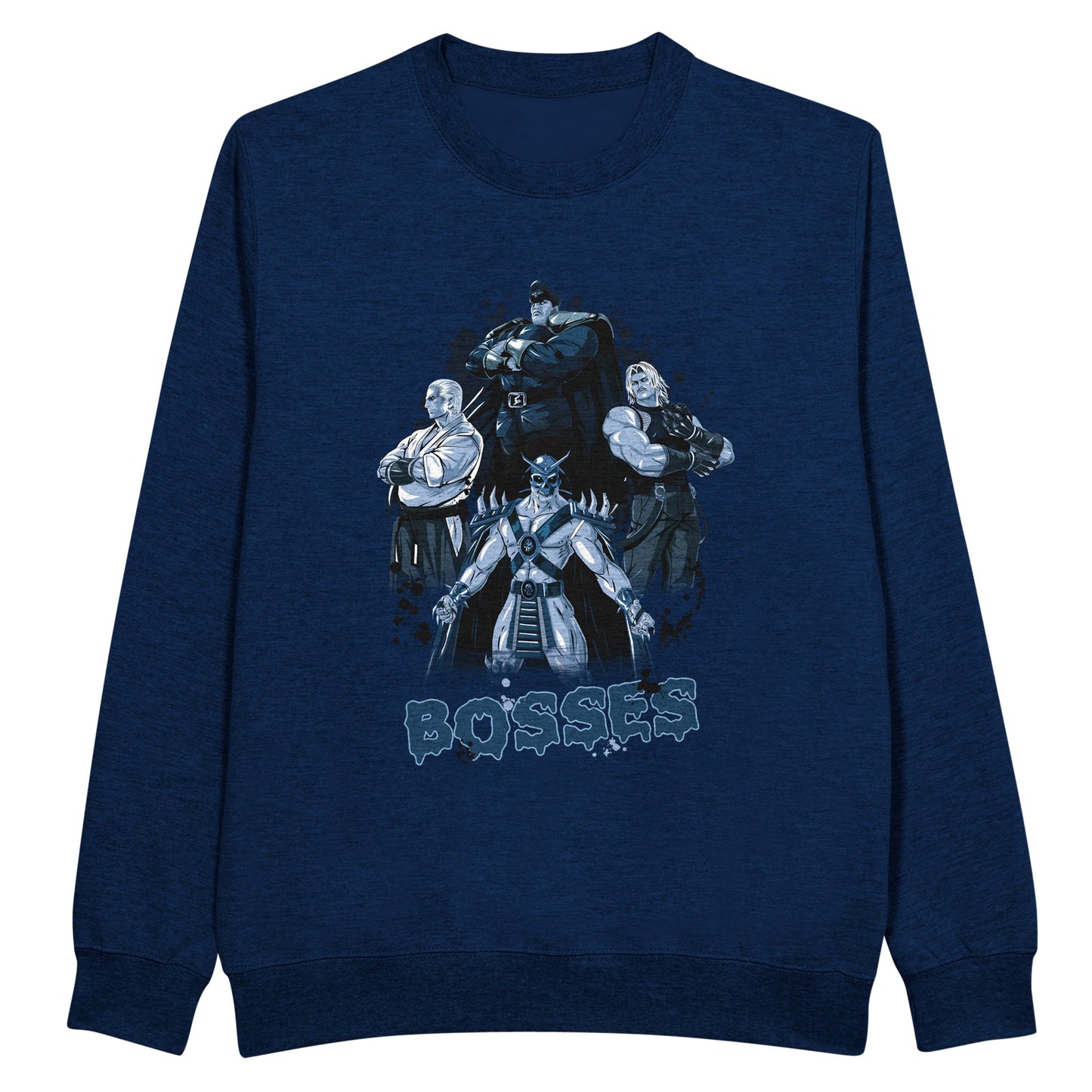 navy sweatshirt with final bosses from games mortal kombat, street fighter, the king of fighter