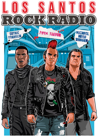 Illustration of three characters with a 'Los Santos Rock Radio' title and station names above them.