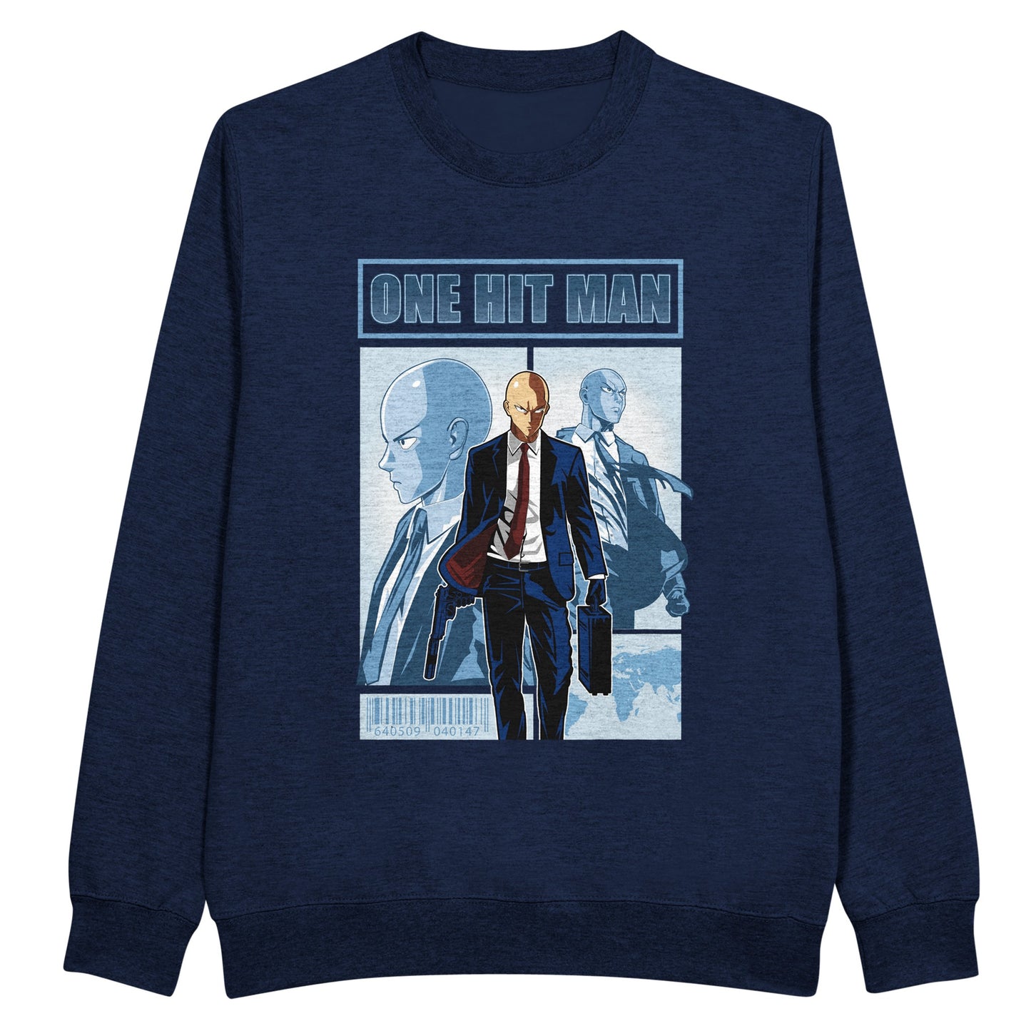 Navy blue sweatshirt with One Punch Man character in a suit with 'One Hit Man' text above.