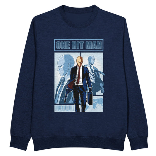 Navy blue sweatshirt with One Punch Man character in a suit with 'One Hit Man' text above.