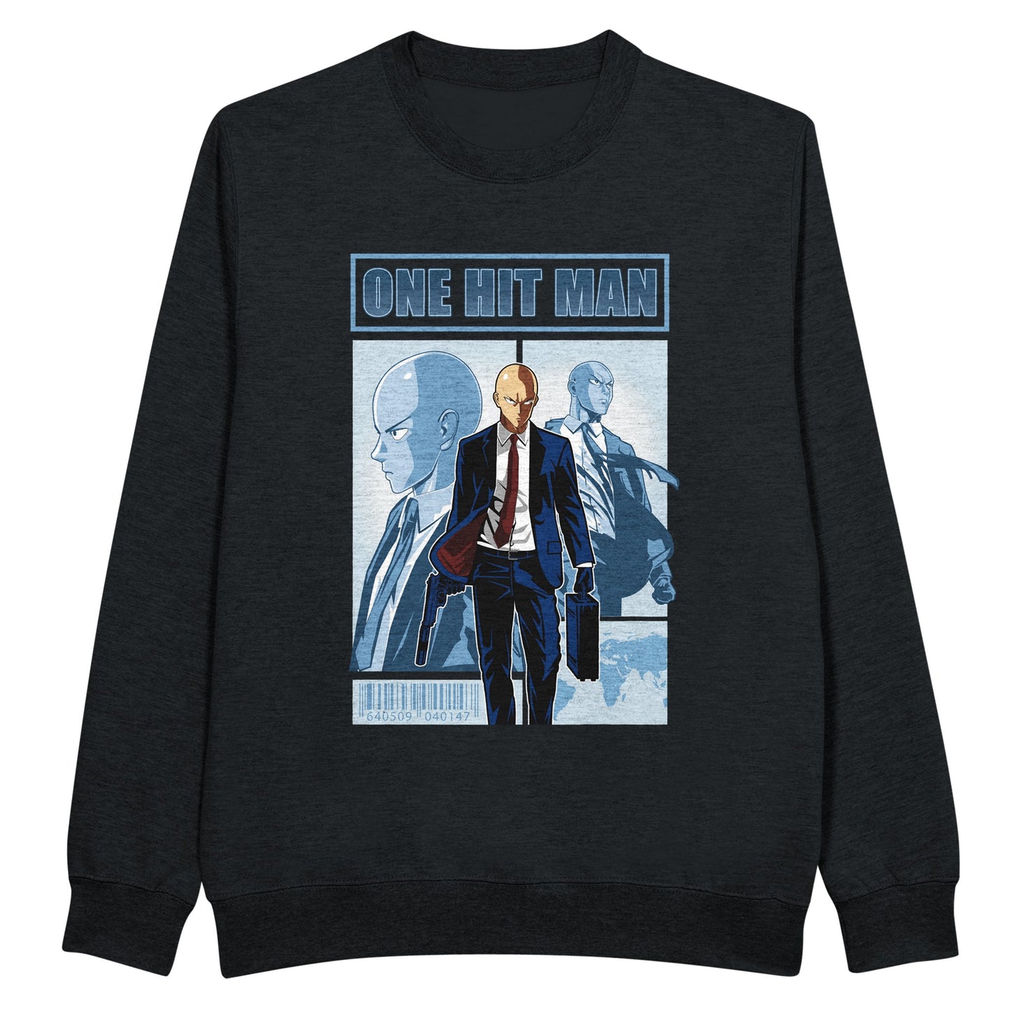 Black sweatshirt with One Punch Man character in a suit with 'One Hit Man' text above.
