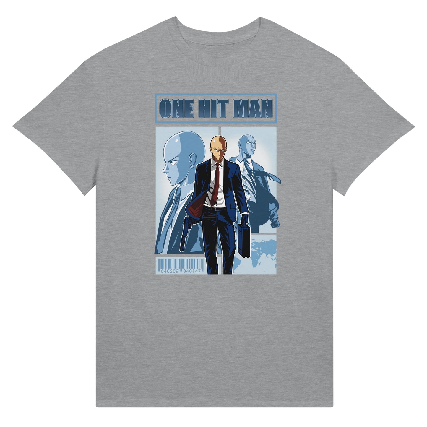Gray t-shirt with One Punch Man character in a suit with 'One Hit Man' text above.