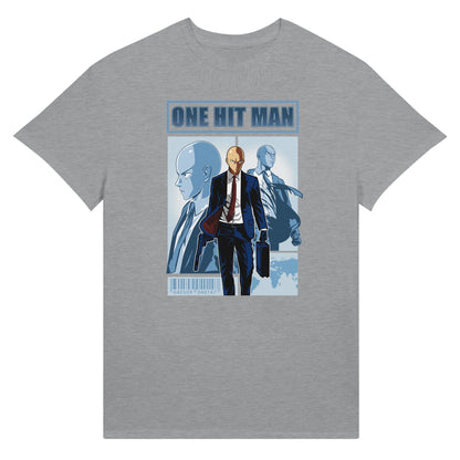 Gray t-shirt with One Punch Man character in a suit with 'One Hit Man' text above.