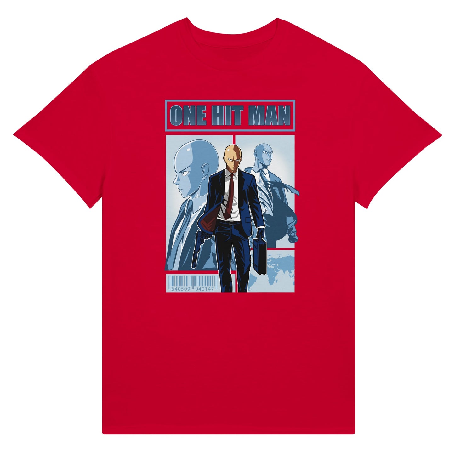 Red t-shirt with One Punch Man character in a suit with 'One Hit Man' text above.