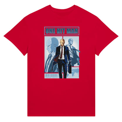 Red t-shirt with One Punch Man character in a suit with 'One Hit Man' text above.