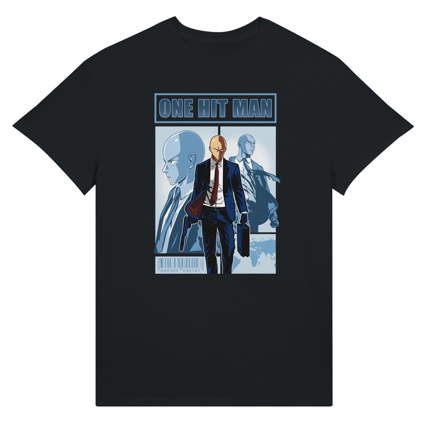 Black t-shirt with One Punch Man character in a suit with 'One Hit Man' text above.