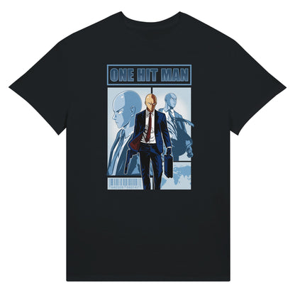 Black t-shirt with One Punch Man character in a suit with 'One Hit Man' text above.
