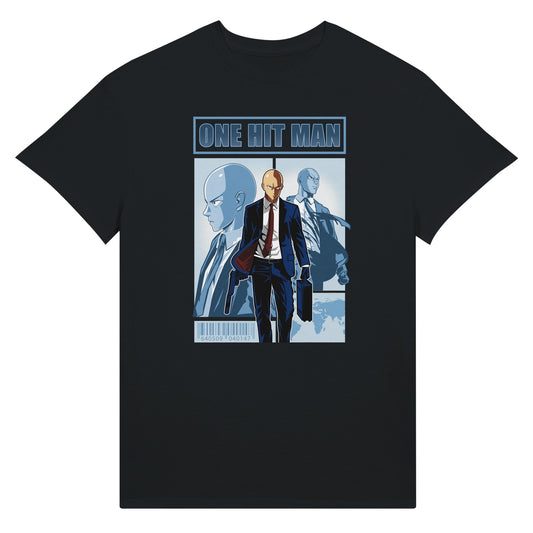 Black t-shirt with One Punch Man character in a suit with 'One Hit Man' text above.