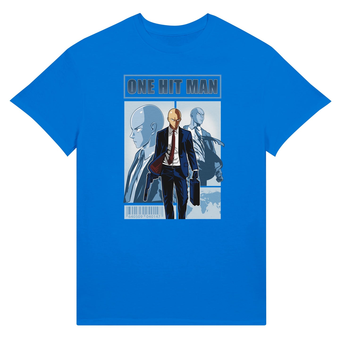 Blue t-shirt with One Punch Man character in a suit with 'One Hit Man' text above.